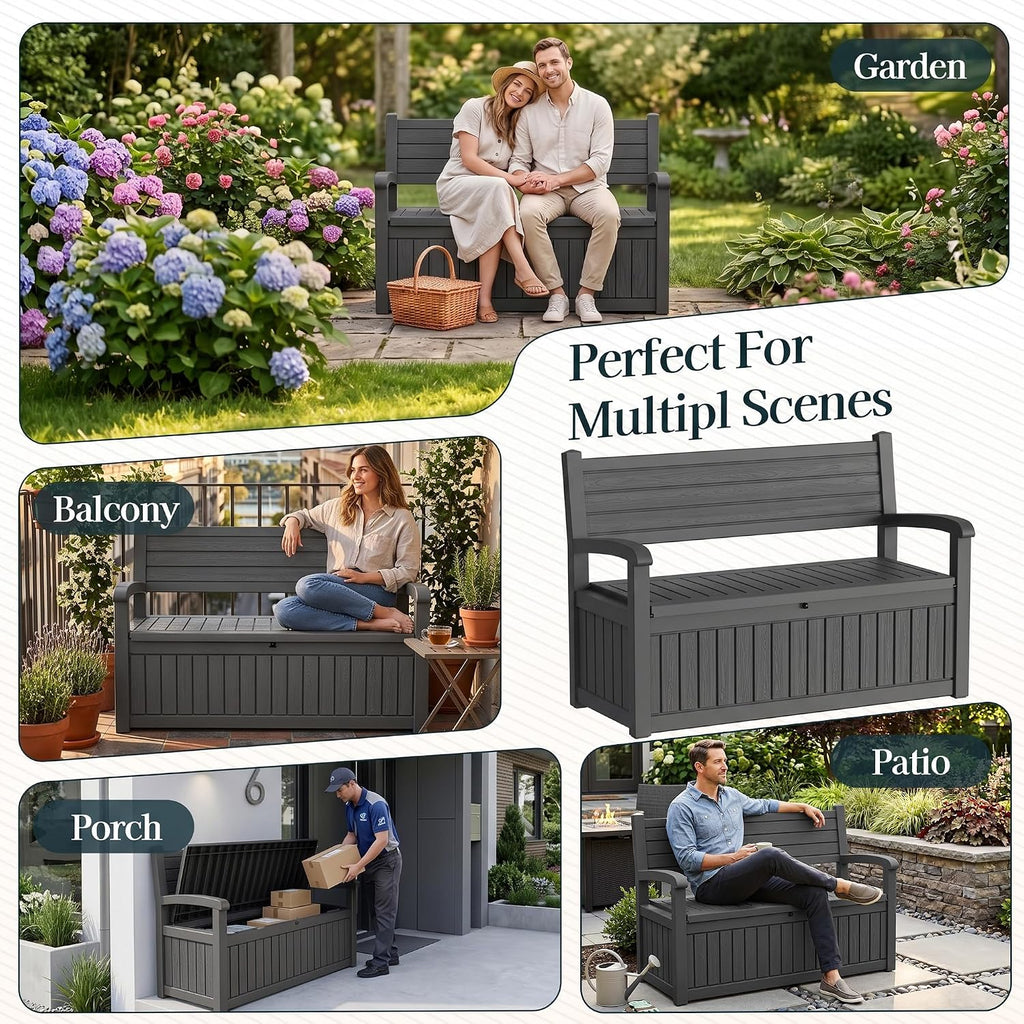 Outdoor Bench, Waterproof Garden Storage Bench, 100 Gallon Deck Box | Lockable Resin Bench Seating Weatherproof