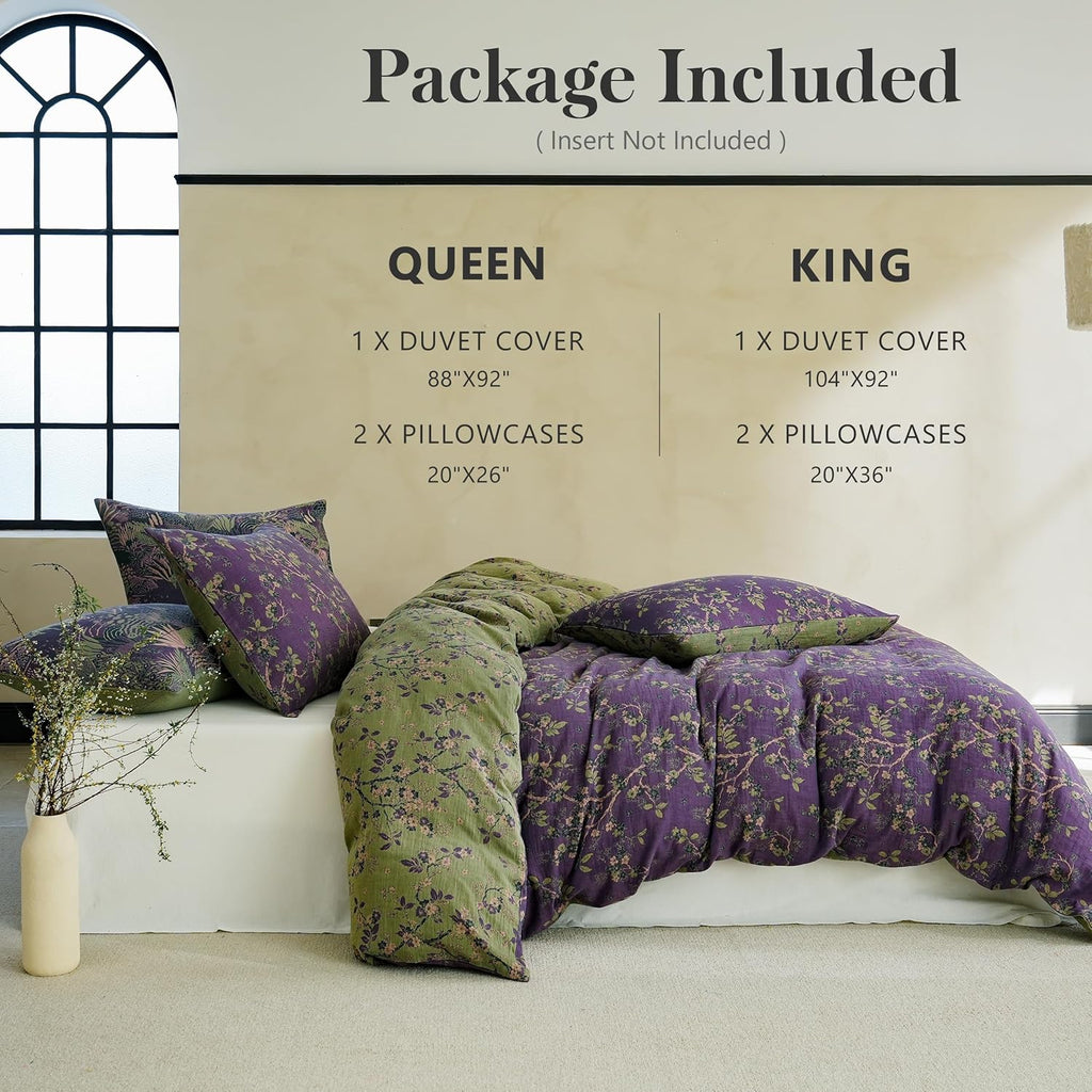Muslin Duvet Cover Set Queen, 100% Washed Cotton 3 Pieces Yarn-Dyed Vintage Floral Jacquard Textured Bedding, Soft &