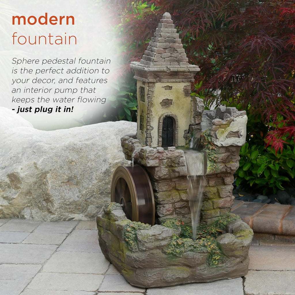 USA1164 Outdoor Floor Tiered Fairy Castle Waterwheel Water Fountain with Realistic Stone Look, 35", Brown