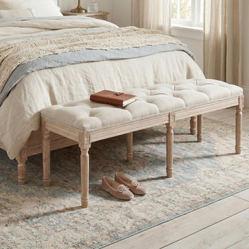47.2" Vintage Tufted Entryway Upholstered Linen Chaise Bench with RubberWood Legs, End of Bed Bench , Indoor Extra
