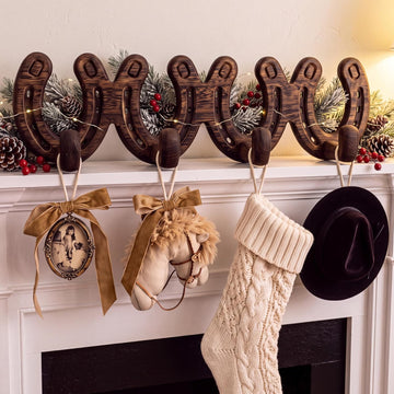 4 Pack Christmas Stocking Holders for Mantel Horseshoe Heavy Duty Cast Iron Mantel Hooks Rustic Western Farmhouse