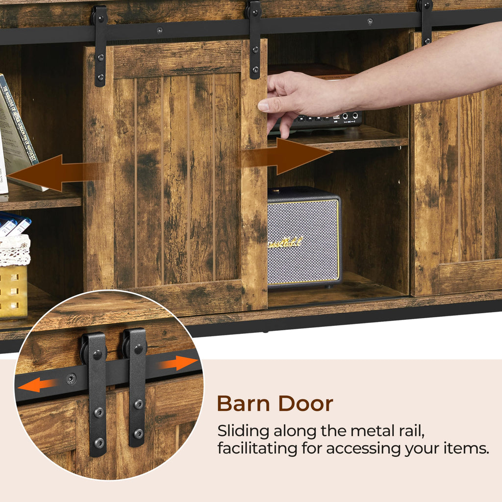 Farmhouse TV Stand for 55 Inch, Sliding Barn Door, Rustic Brown