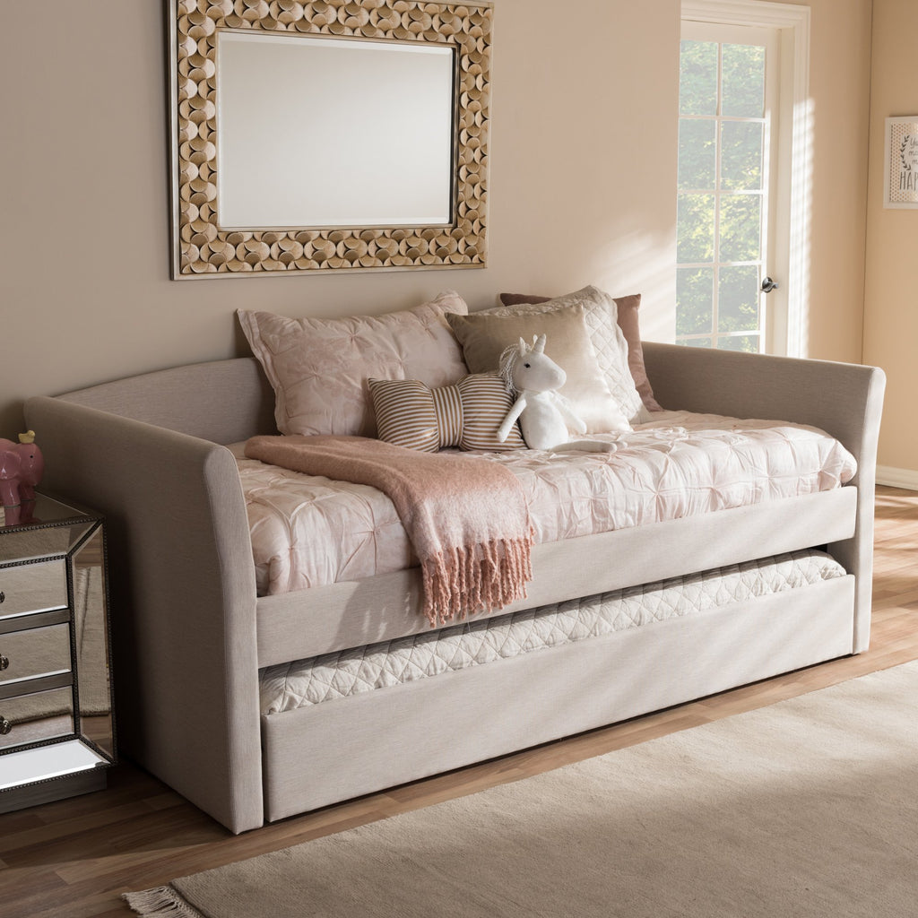 Camino Modern and Contemporary Beige Fabric Upholstered Daybed with Guest Trundle Bed