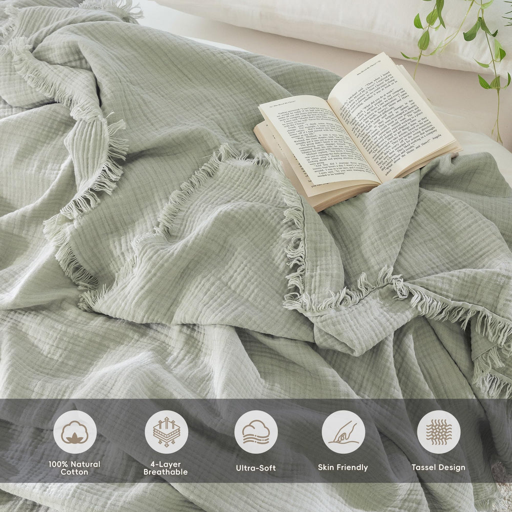 100% Cotton Muslin Blanket, Fringed 4-Layer Gauze Bed Couch Throw