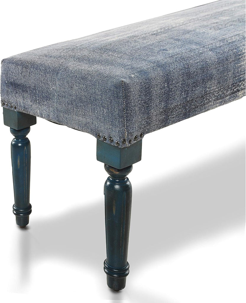 LR Home Blue Upholstered Bench End of Bed | Modern Distressed Accent Bench , or Hallway | 47" L x 16" W x 18" H