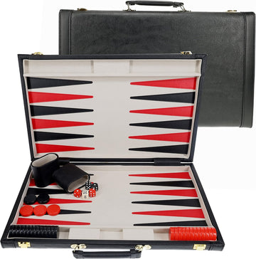 Backgammon Set, Elegant Black Leatherette Case, 21 x 12.5 in. Closed; 25 x 21 in. Open, Family and Adult Board Games