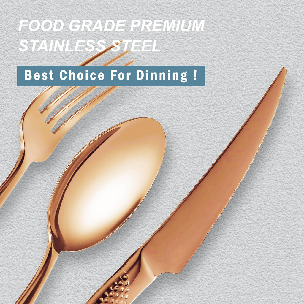 Hammered Rose Gold Stainless Steel 20-Piece Modern Flatware Set