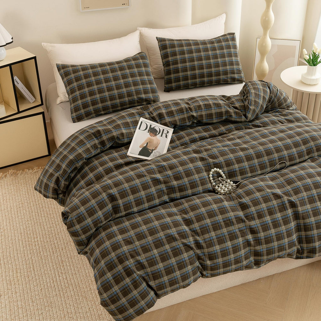 Cotton 3 Pcs Duvet Cover Set Linen Feel Brown & Blue Plaid King
