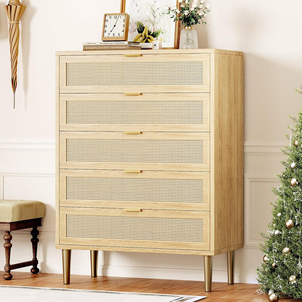 Rattan Dresser with 5 Drawers,44" Tall Chest of Drawers | Narrow Wooden Vertical Dresser With Metal Legs And Handles