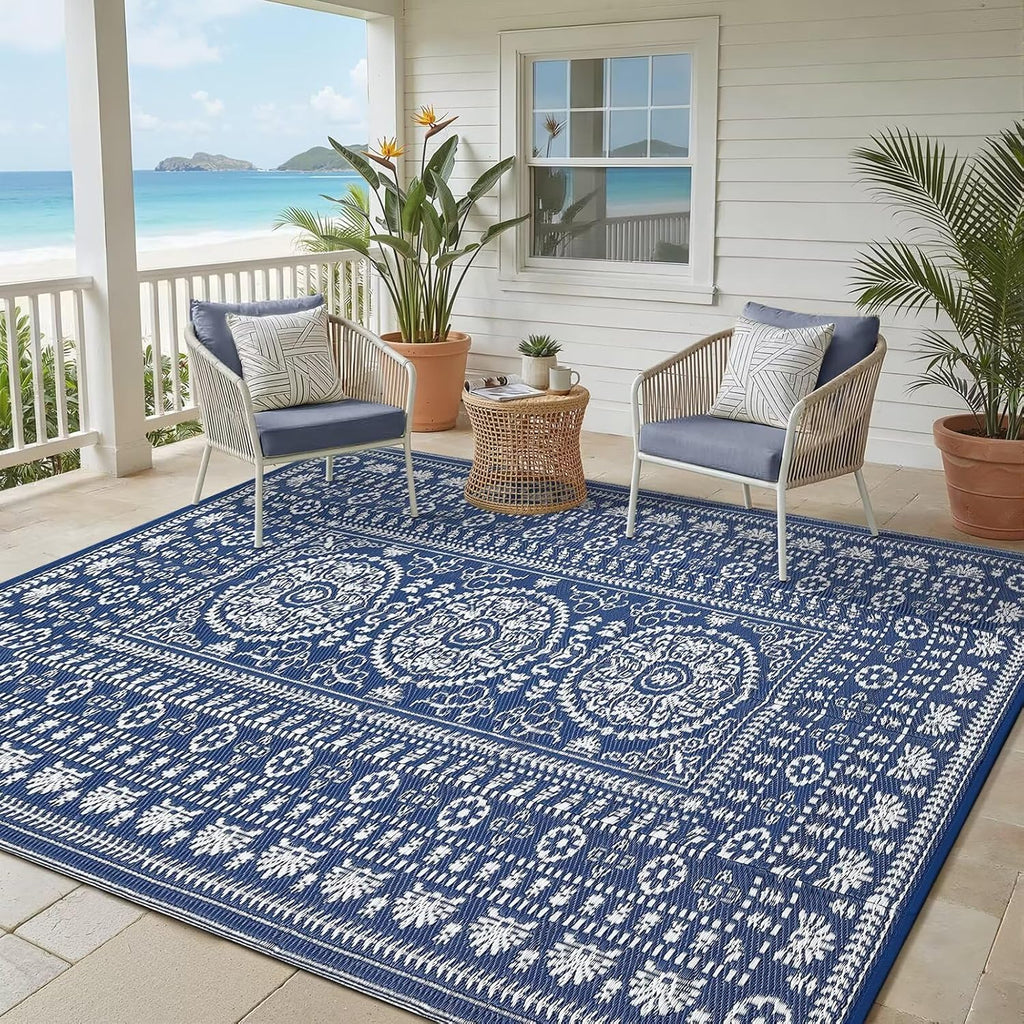 Reversible Outdoor Rug 6x9, Waterproof Outdoor Area Rug, Modern Medallion Indoor Outdoor Rugs, Plastic Straw Rug for