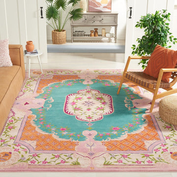 Bellagio Area Rug - 9' x 12', Blue & Pink, Handmade Medallion Wool