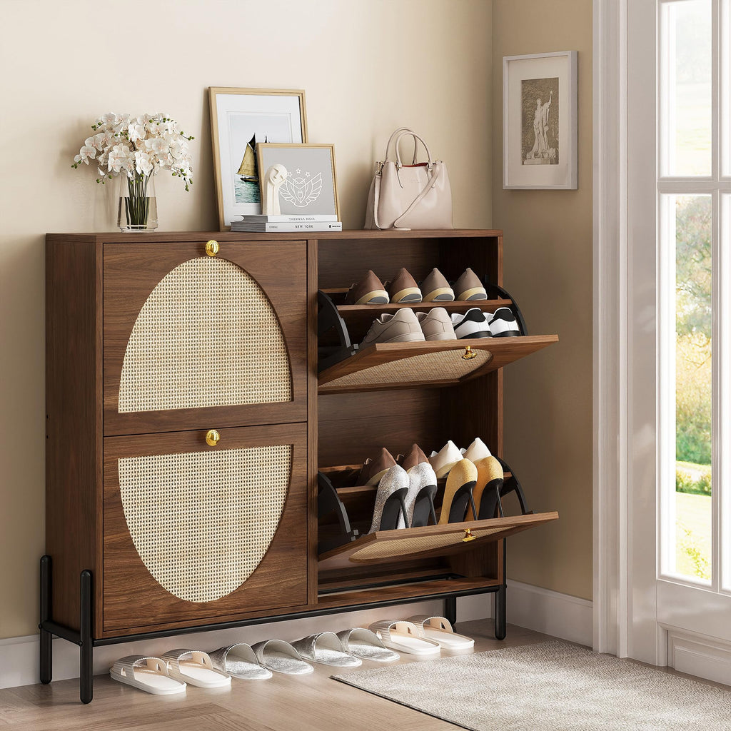 Rattan Shoe Cabinet Storage with 4 Flip Drawers, Walnut