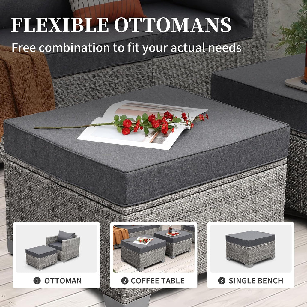 Patio Furniture Set 6 Piece PE Rattan Outdoor Conversation Sets Grey Wicker Couch Sectional Sofa with Fire Pit