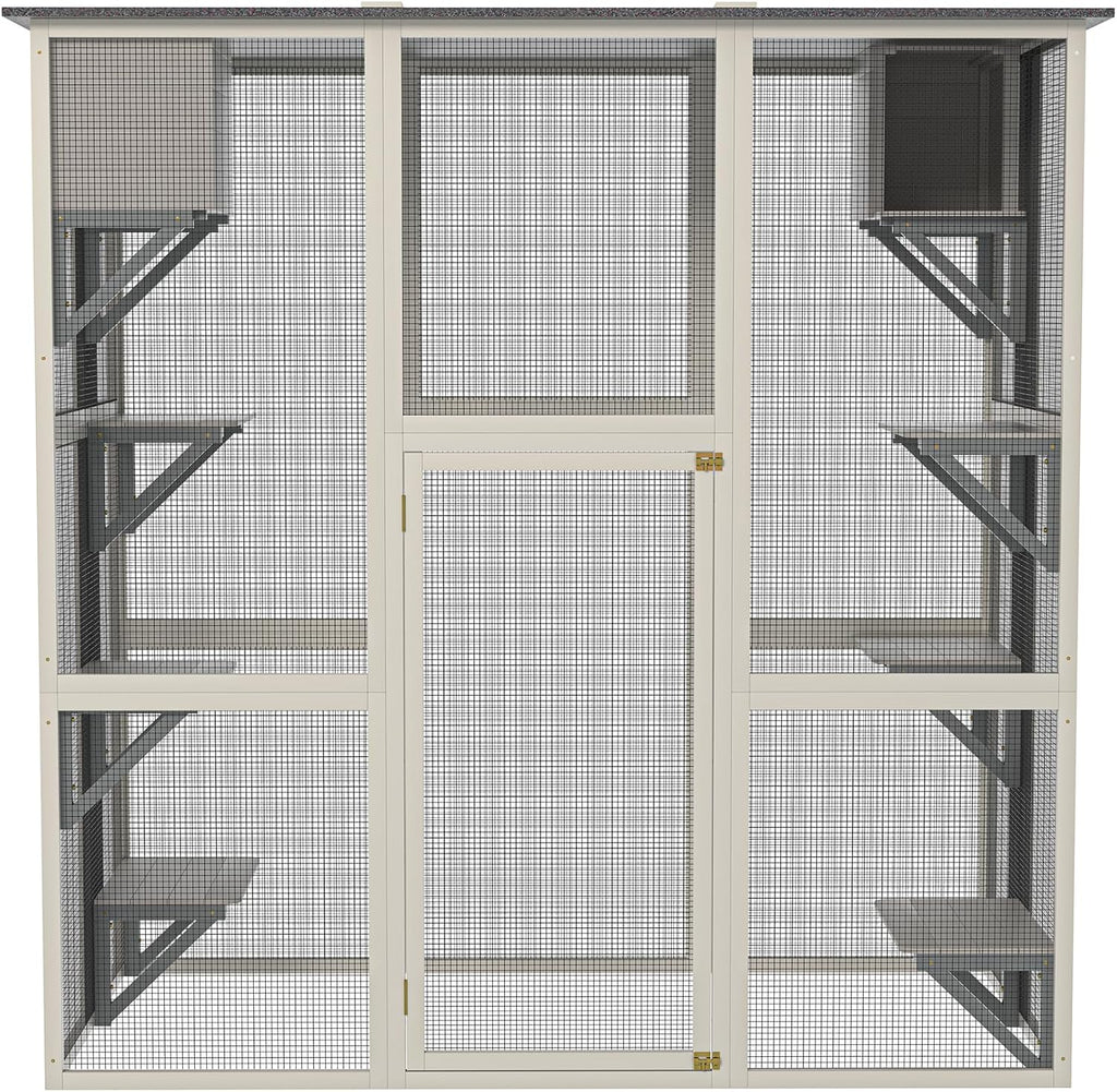 Gray Wooden Outdoor Catio Cat Enclosure with Weatherproof Asphalt Roof, Large Walk-in Cat House with 6 Platforms & 2