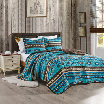 3-Piece Printed Oversize Queen Size Quilt Set, All-Season Bedspread, Native American Tribal Navajo Pattern Coverlet