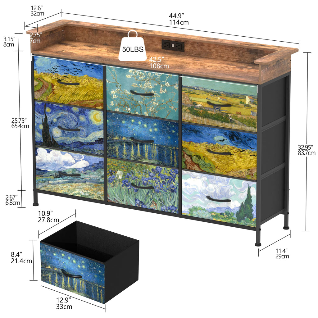 Dresser Van Gogh Dressers with 9 Drawers Chest of Drawers Fabric Clothes Drawer Fabric Closet Organizer Entryway