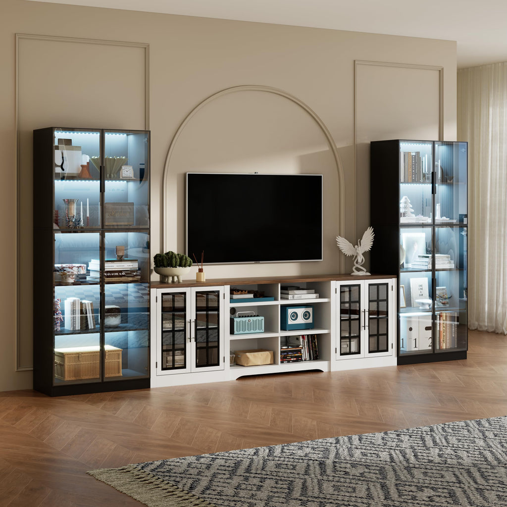 Farmhouse TV Stand for TVs up to 100", Entertainment Center with 2 LED Storage Cabinets, TV Console with Glass Doors