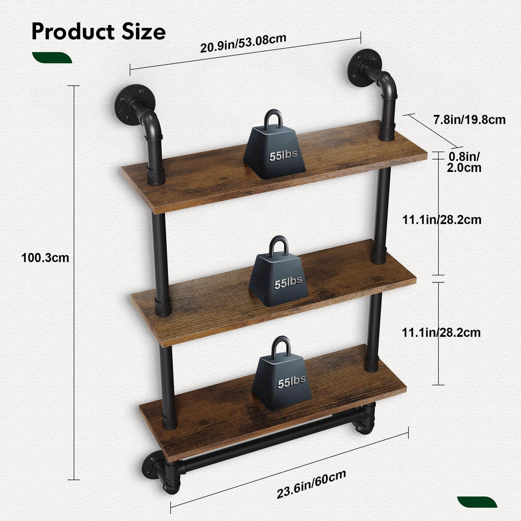 24" 3 Tier Industrial Floating Shelves with Tower Bar