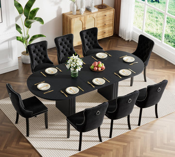 63"-79" Extendable Dining Table Set with 8 Black Chairs, 9 Piece Oval Kitchen Dining Room Table Set for 8, Modern
