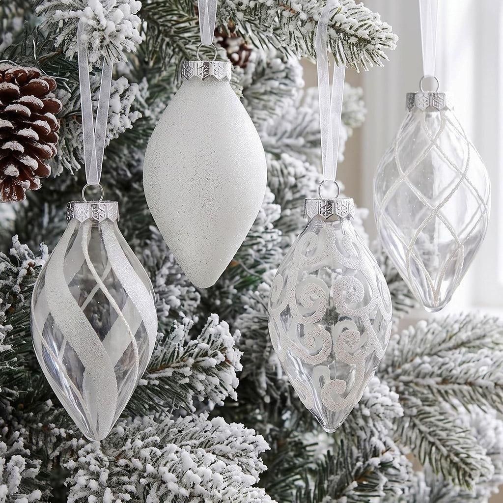 White Christmas Ornaments Set for Tree Decorations, Teardrop Finial