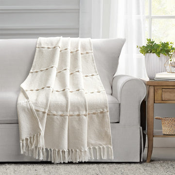 Herringbone Stripe Woven Tassel Yarn Dyed Cotton Throw Blanket 50" W x 60" L Neutral & White - Striped Throw Blankets