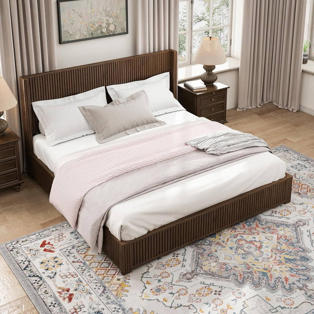 Solid Wood Platform Bed Frame with wingback Headboard, Wood Platform Bed Frame Low Profile with 80.04"