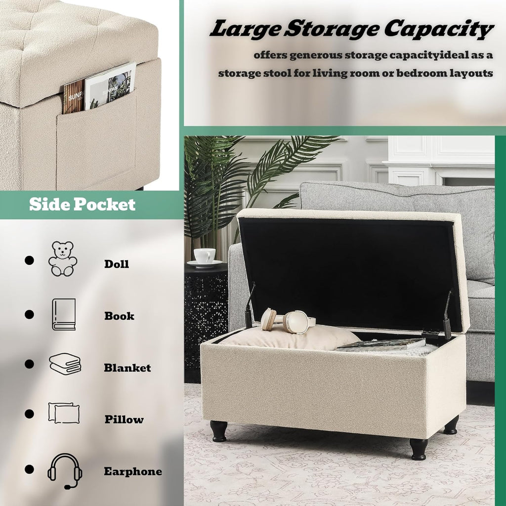 32'' Beige Fabric Upholstered Ottoman Storage Bench | Upholstered Ottoman with Storage , Entrance Foot Rest Stool