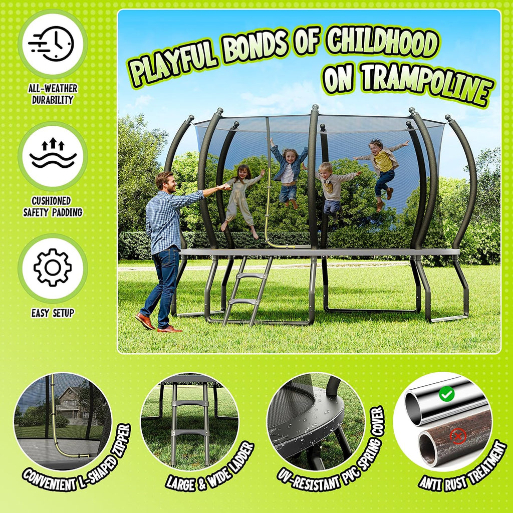 Outdoor Trampoline with Net and Ladder 8FT 10FT 12FT 14FT 16FT | ASTM Approval, Quick Connect Frame, Foam Curved