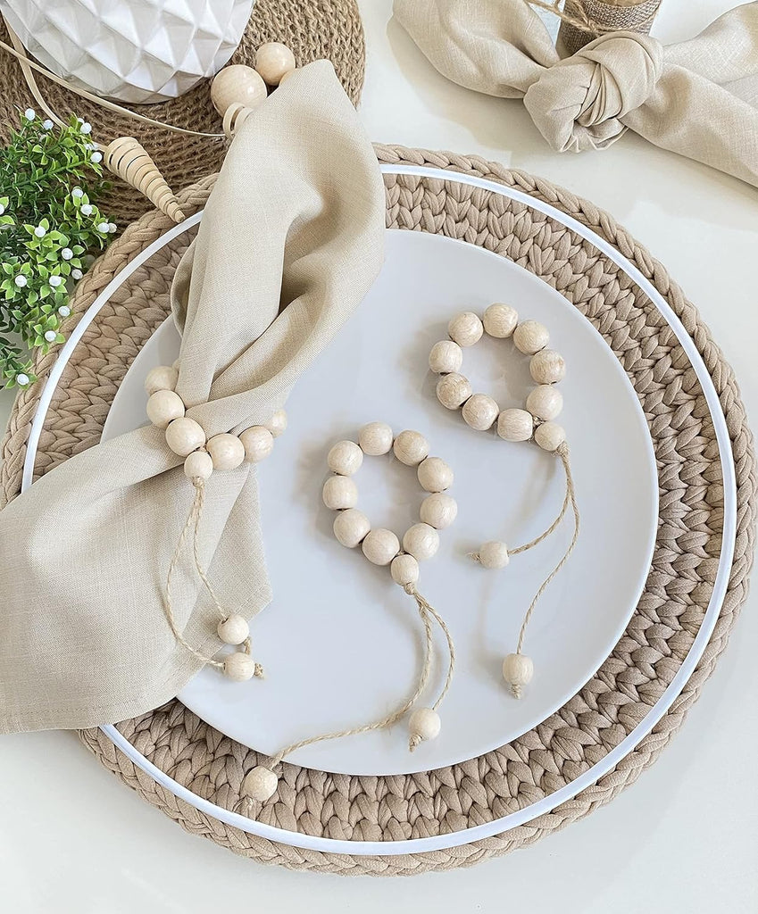 Handmade Napkin Ring with Wood Beads & Jute Twine - Affordable Rustic Wooden Napkin Ring Holder for Table Decoration - Set of 6