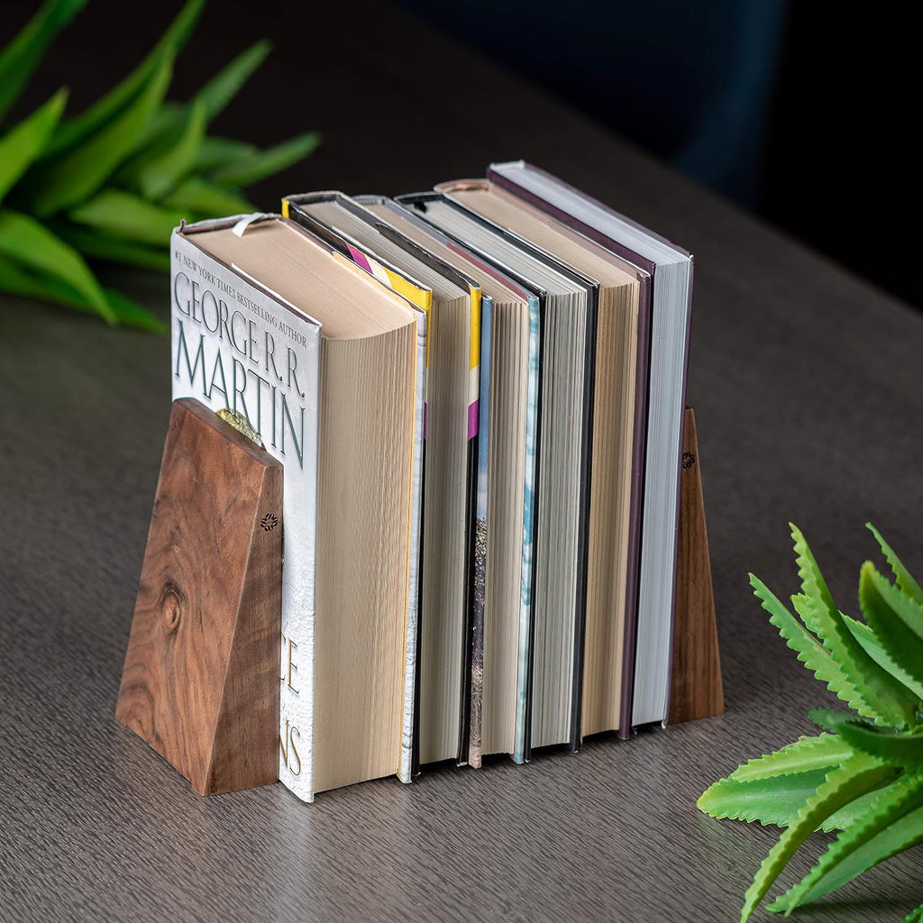 Book Ends for Shelves - Handmade Wooden Bookends with Metal Base, Walnut Tree - Sturdy Book Holders for Heavy Books