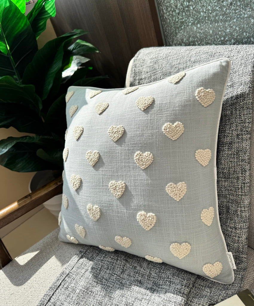 Embroidered Tufted Heart 18x18 Throw Pillow Cover, Robins Egg