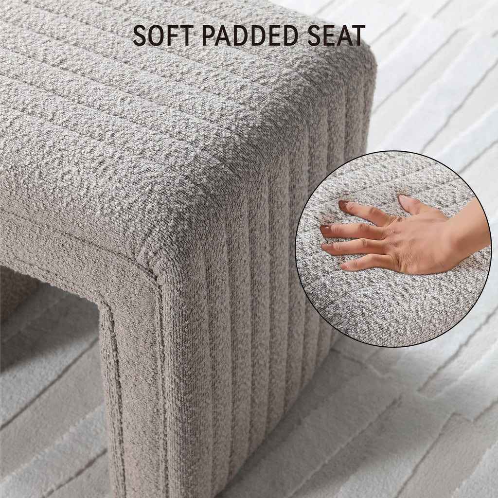 Vanity Stool Chair, Fully Assembled Modern Boucle Ottoman Footstool with Wooden Legs, Multifunctional Upholstered