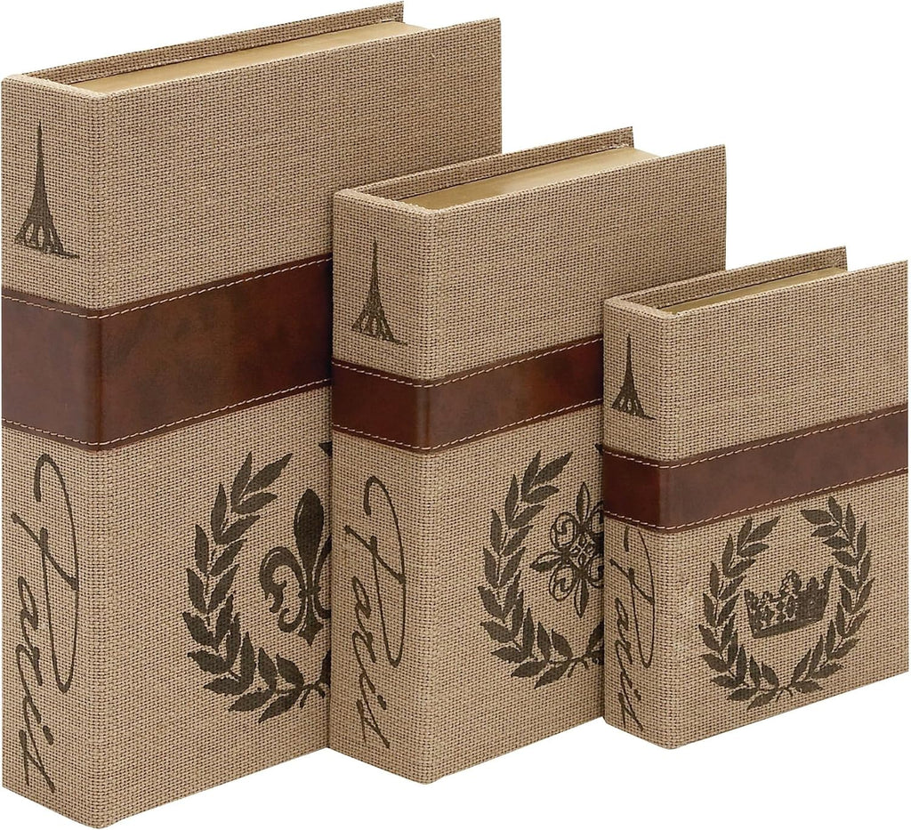 Decorative Book Boxes Set of 3 - Modern Faux Linen & Wood Hidden Storage Boxes for Coffee Table - Stackable Fake