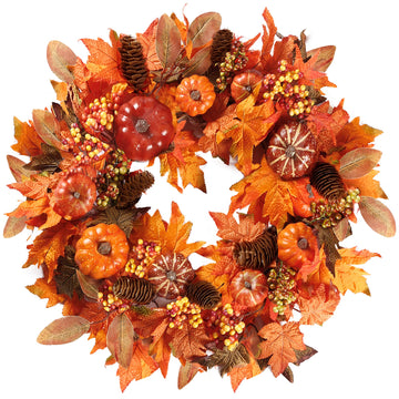 Fall Wreath 20'' Autumn Front Door Wreath with Various Pumpkin Cluster of Berries Maple Leaves Pine Cones for Outside