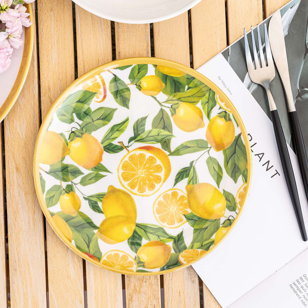 Melamine Dinnerware Sets- 12pcs Melamine Plates and Bowls Set for 4,Indoor and Outdoor Dinnerware, Lemon dinnerware