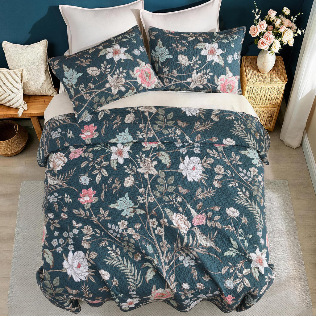 Floral Teal Quilt Oversized King - 3Pcs Botanical Birds Bed Set