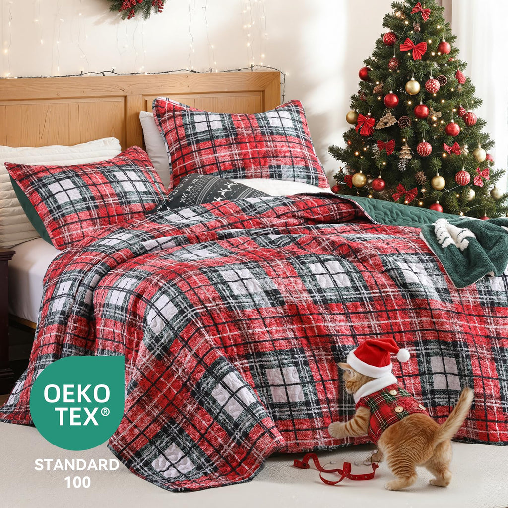 Christmas Quilt Set King Size, Red Plaid Christmas Bedding
