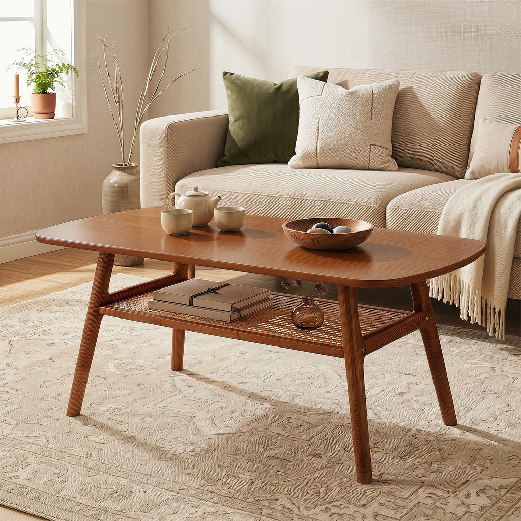 Rattan Coffee Table, 39.5" Wood Coffee Table Walnut