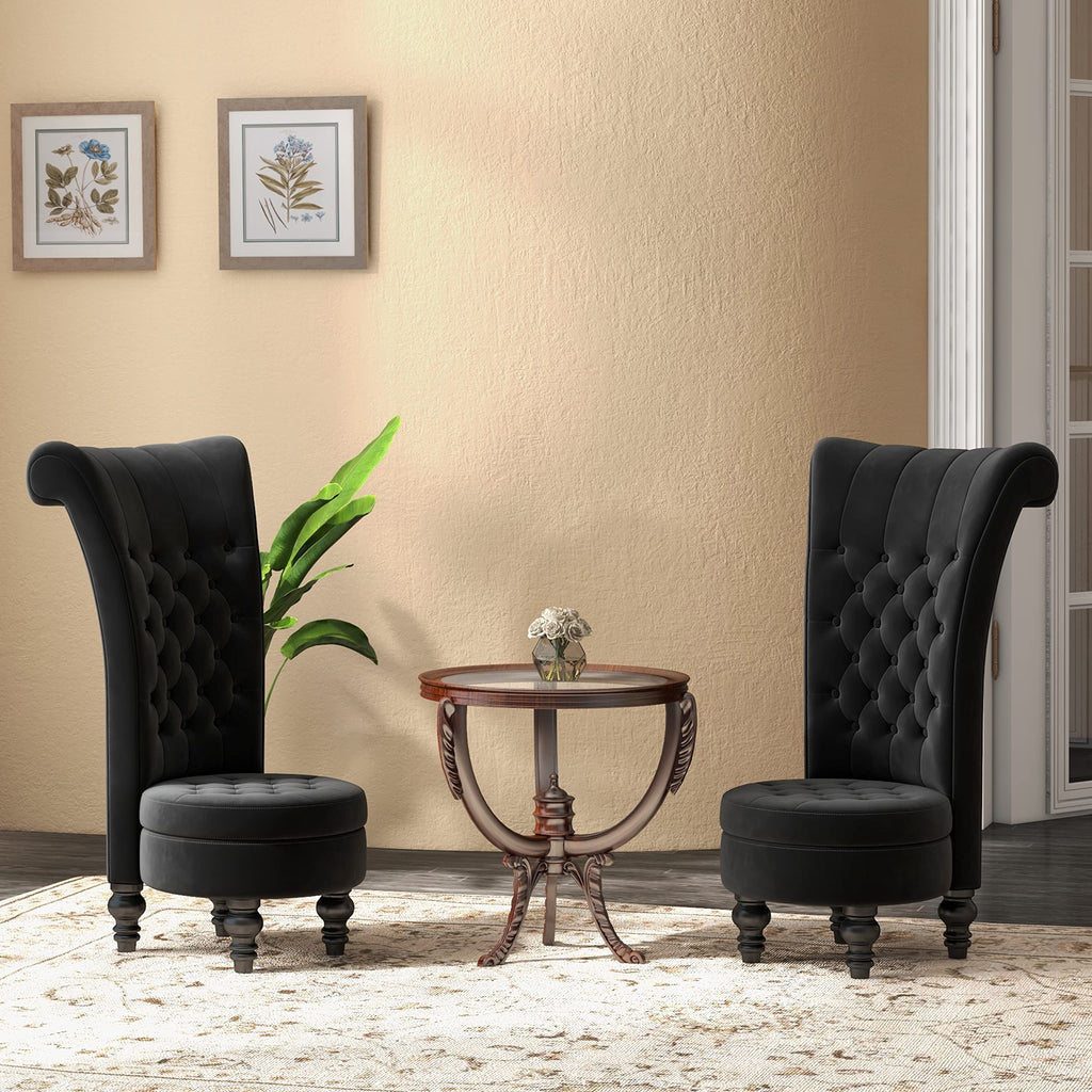MU High Back Throne Royal Velvet Accent Armless Chair Set of 2, Black