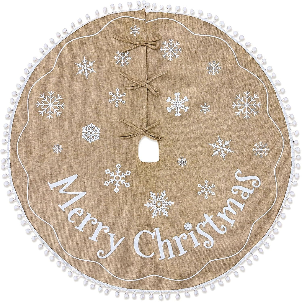 Christmas Tree Skirt 36 Inch, Burlap Tree Skirt Printed with White Snowflake and Merry Christmas Decor, Brown Tree