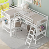 Corner Double Loft Bed with L-Shaped Desks, Twin Loft Bed with Desks & Slant Ladder for Kids Teens Adults