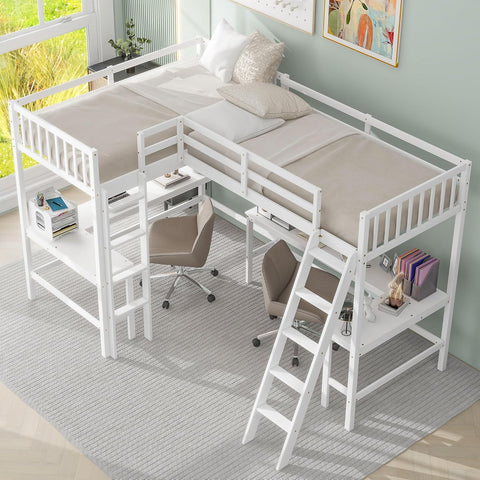 Corner Double Loft Bed with L-Shaped Desks, Twin Loft Bed with Desks & Slant Ladder for Kids Teens Adults