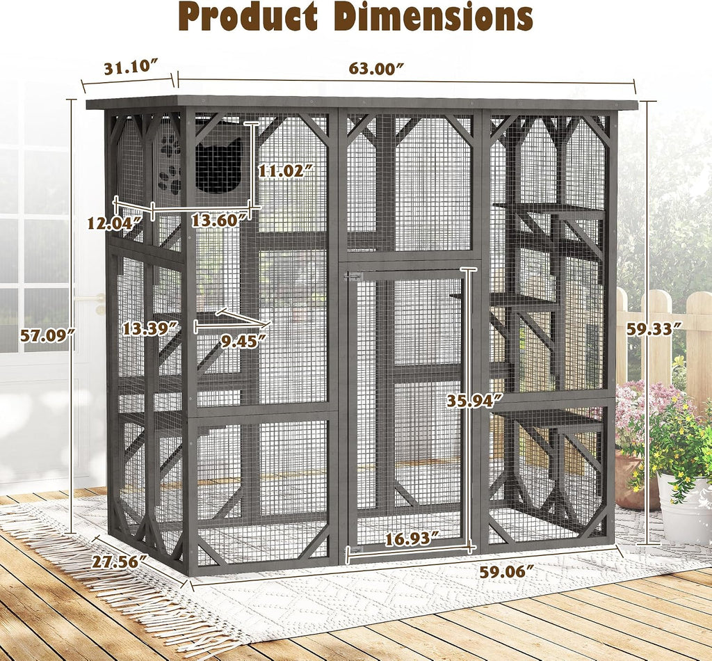 Catio Outdoor Cat Enclosure, Wooden Cat House with Resting Box, Grey