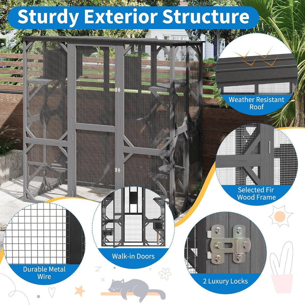 70'' Large Walk-in Catio, Outdoor Wood Cat Enclosure Window Access for Multiple Cats with Asphalt Roof, Feral Cat