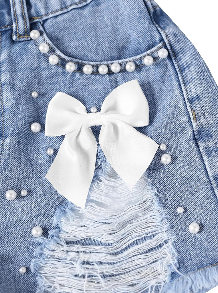 Girls Jean Shorts Pearl Bow Ripped Denim Shorts