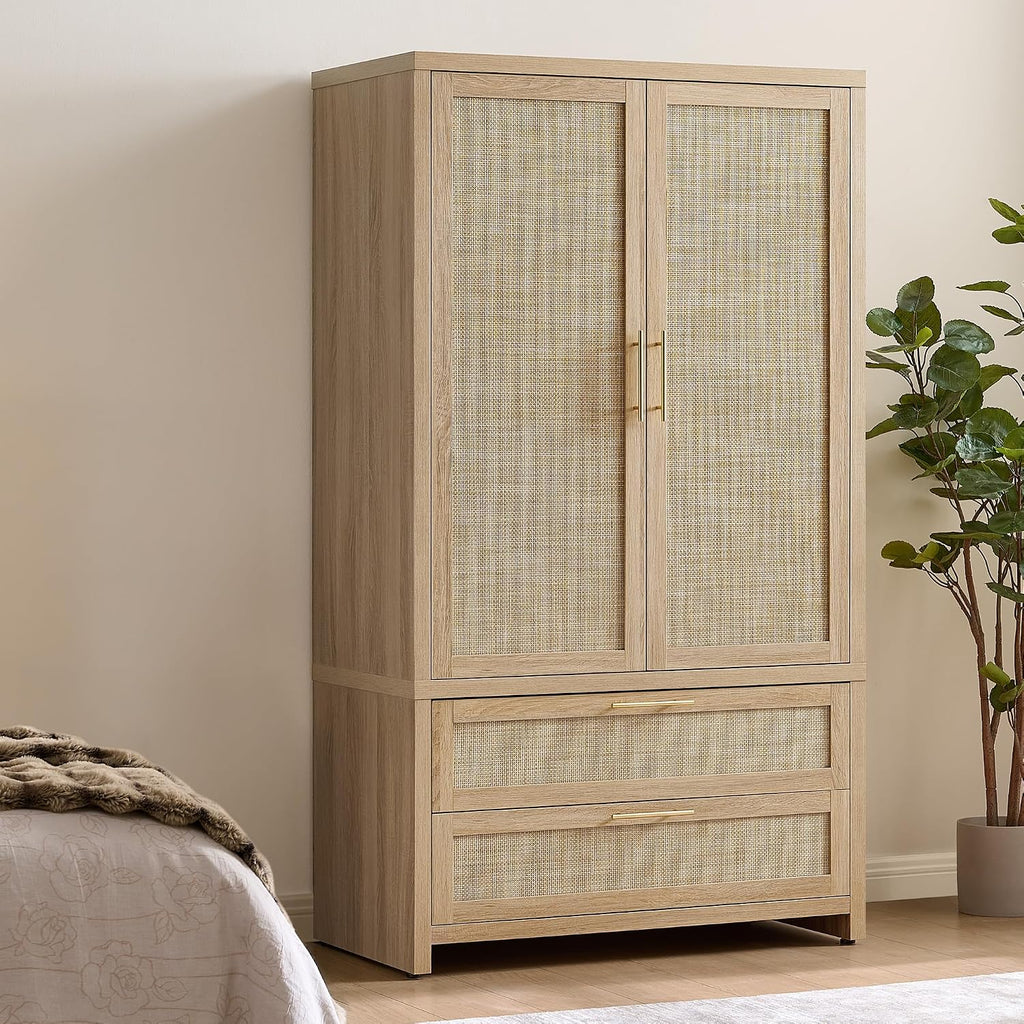 71 inch Rattan Wardrobe Closet : Armoire Wardrobe with Drawers | Farmhouse Boho Storage Cabinet with Hanging Rod