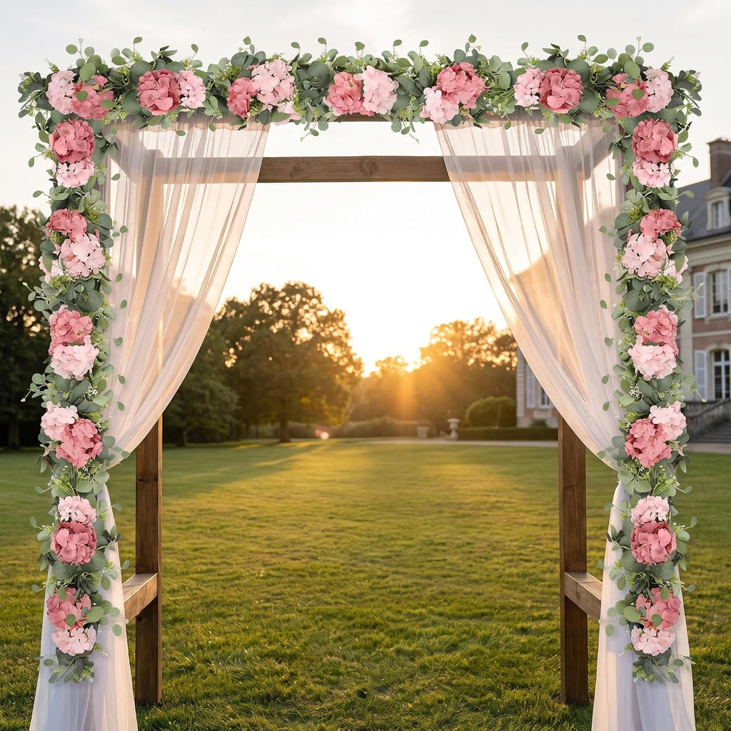 Artificial Hydrangea Flower Garland with Eucalyptus & Baby's Breath 6FT Floral Vines Greenery Garland for Mantel - Set of 2