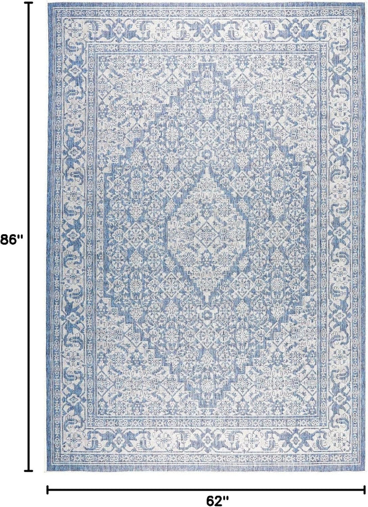 Patio Country Dahlia Transitional Medallion Indoor/Outdoor Area Rug, Blue/Grey, 5'2"x7'2"