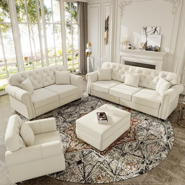 4-Piece Chesterfield Sofa Set, Upholstered Velvet 3-Seater Sofa & Loveseat & Single Sofa & Ottoman with Nailhead