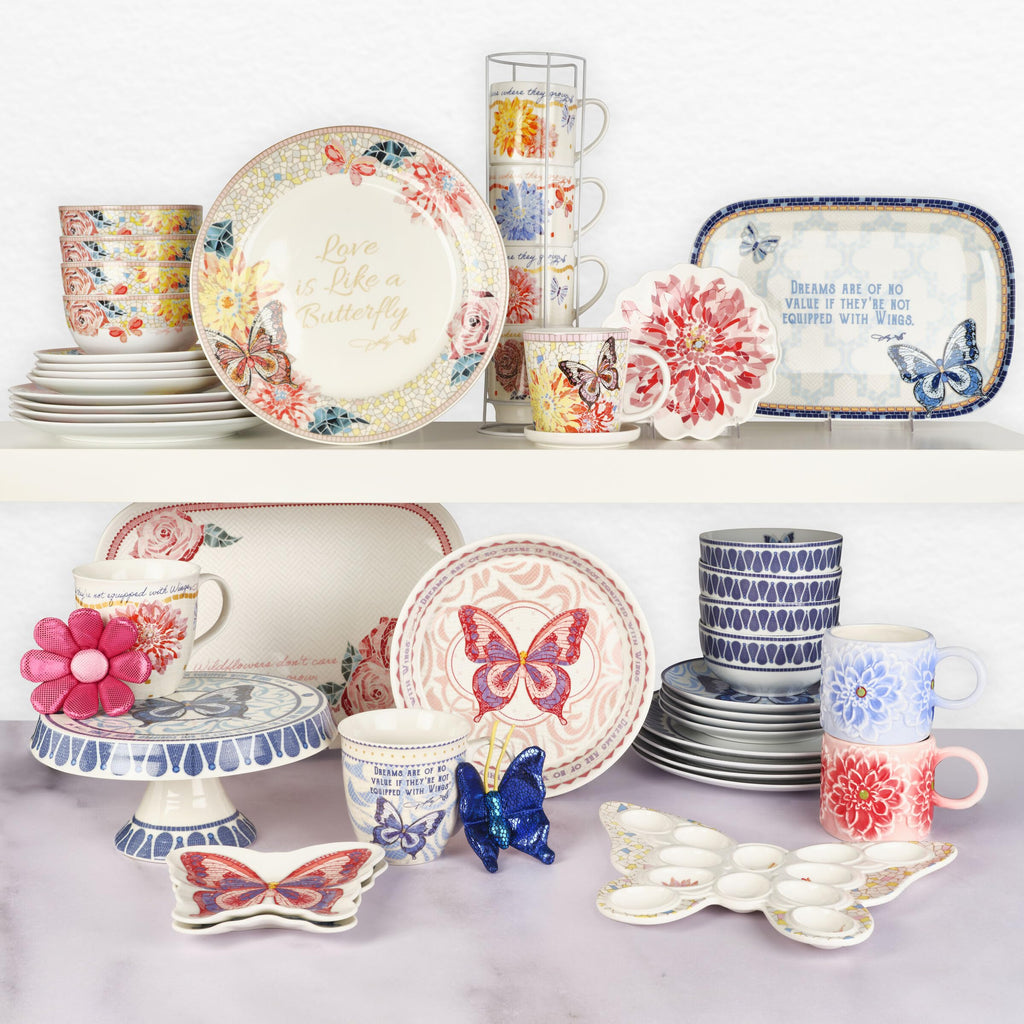 12 Piece Jeweled Mosaic Blue Butterfly Dinnerware Set Porcelain Dinner Plates Salad Plates Bowls, Service for 4